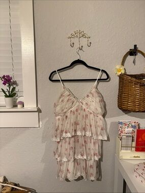 Altar'd State Cream Tiered Floral Lace Mini Dress with Pink Roses